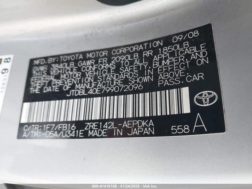 2009 TOYOTA COROLLA VIN: JTDBL40E799072096