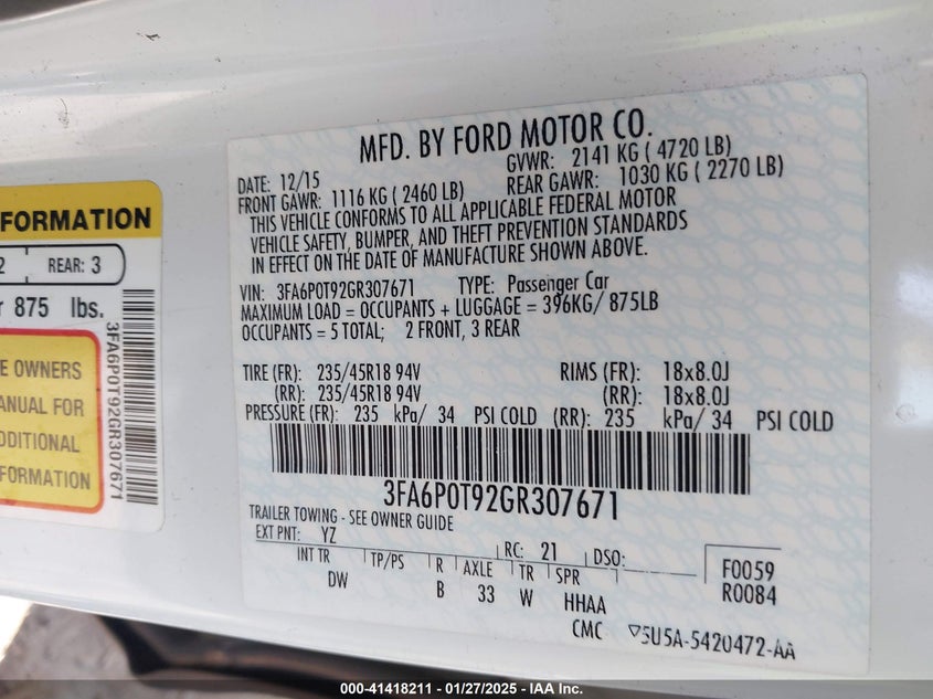 2016 FORD FUSION VIN: 3FA6P0T92GR307671