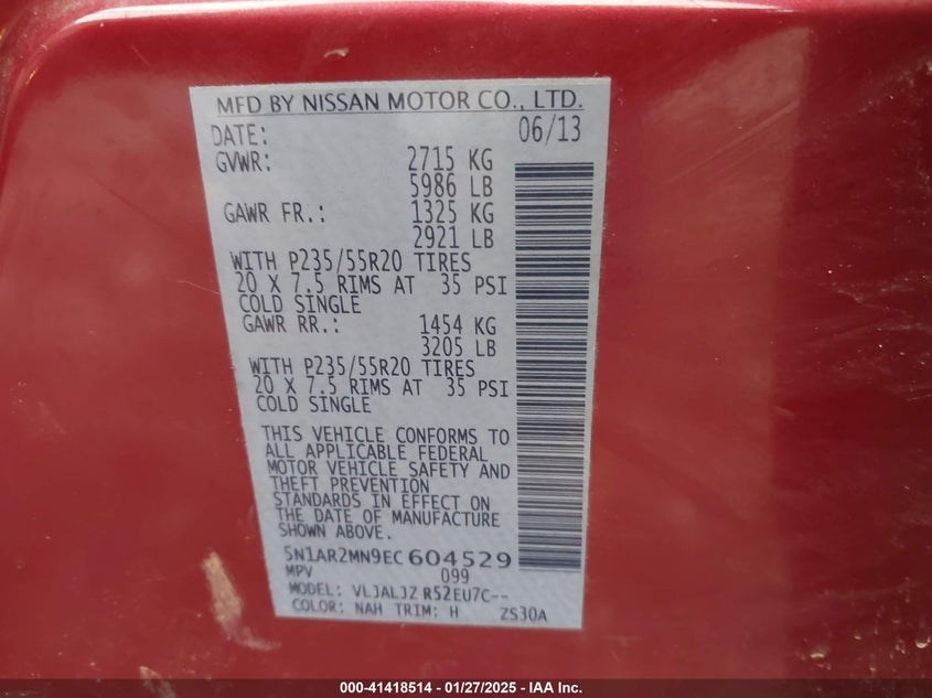 2014 NISSAN PATHFINDER PLATINUM - 5N1AR2MN9EC604529