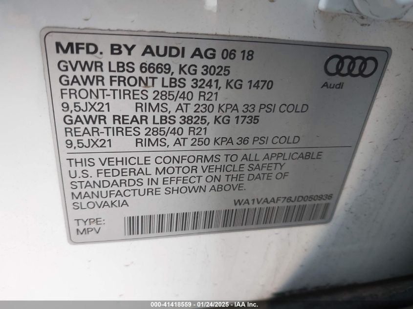 VIN WA1VAAF76JD050936 2018 AUDI Q7 no.9