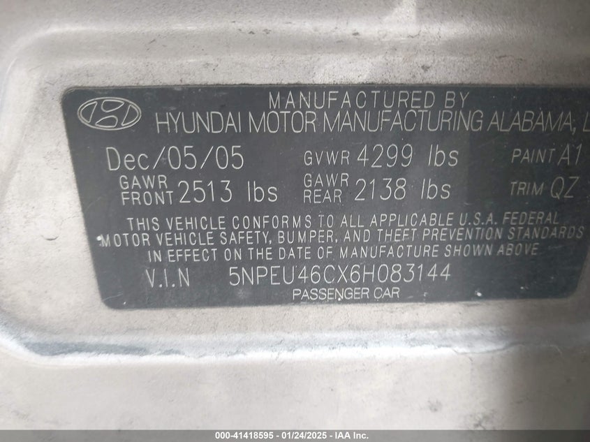2006 HYUNDAI SONATA VIN: 5NPEU46CX6H083144