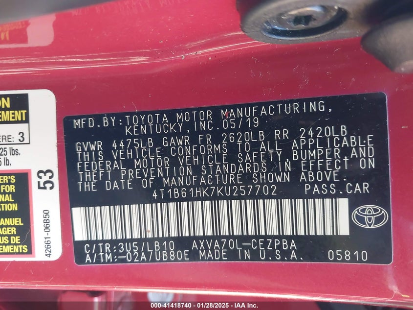 4T1B61HK7KU257702 2019 TOYOTA CAMRY photo no. 9