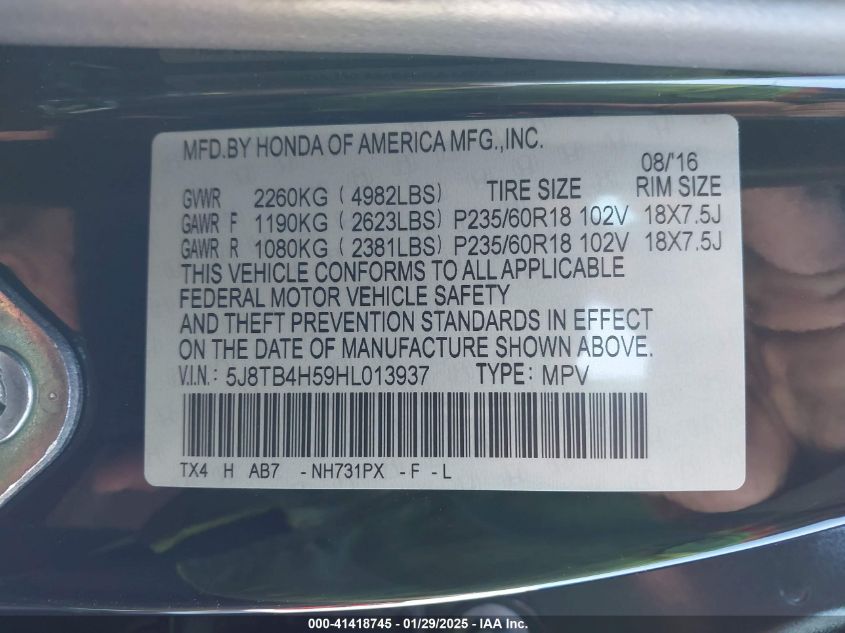 VIN 5J8TB4H59HL013937 2017 ACURA RDX no.9