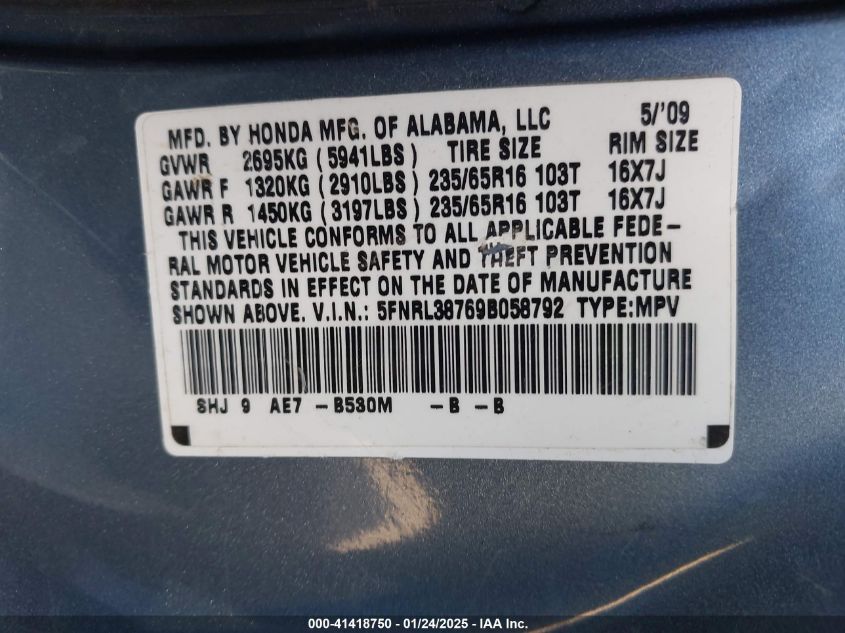 2009 Honda Odyssey Ex-L VIN: 5FNRL387698058792 Lot: 41418750