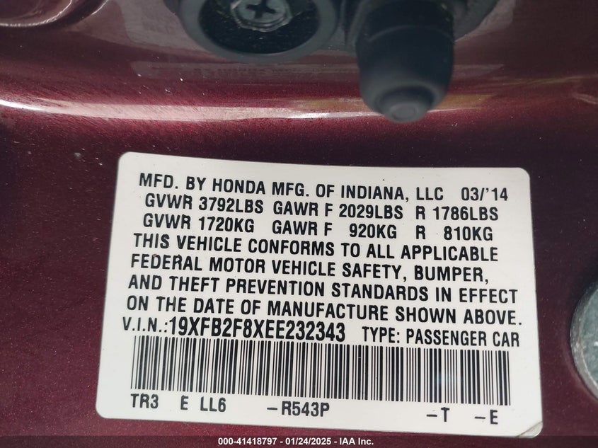 2014 HONDA CIVIC VIN: 19XFB2F8XEE232343