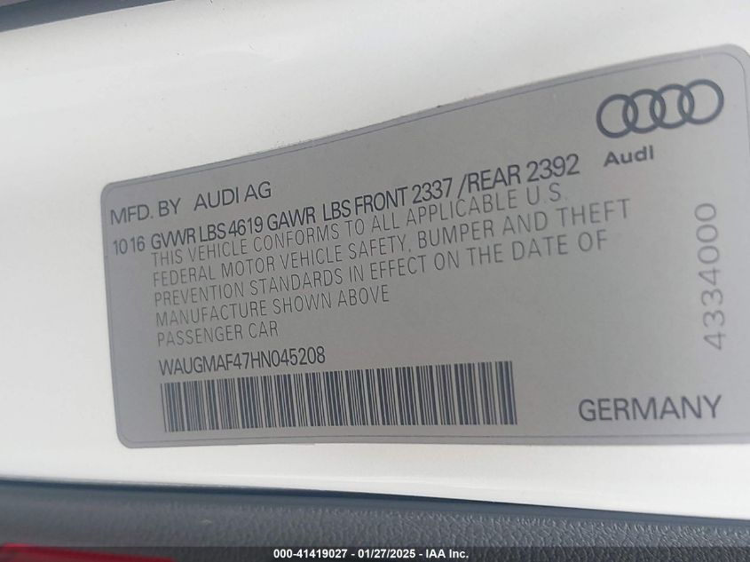 2017 Audi A4 2.0T Ultra Premium VIN: WAUGMAF47HN045208 Lot: 41419027