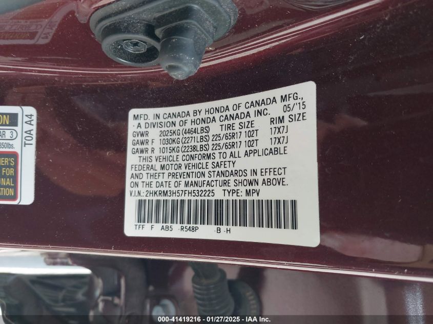 2015 Honda Cr-V Ex VIN: 2HKRM3H57FH532225 Lot: 41419216