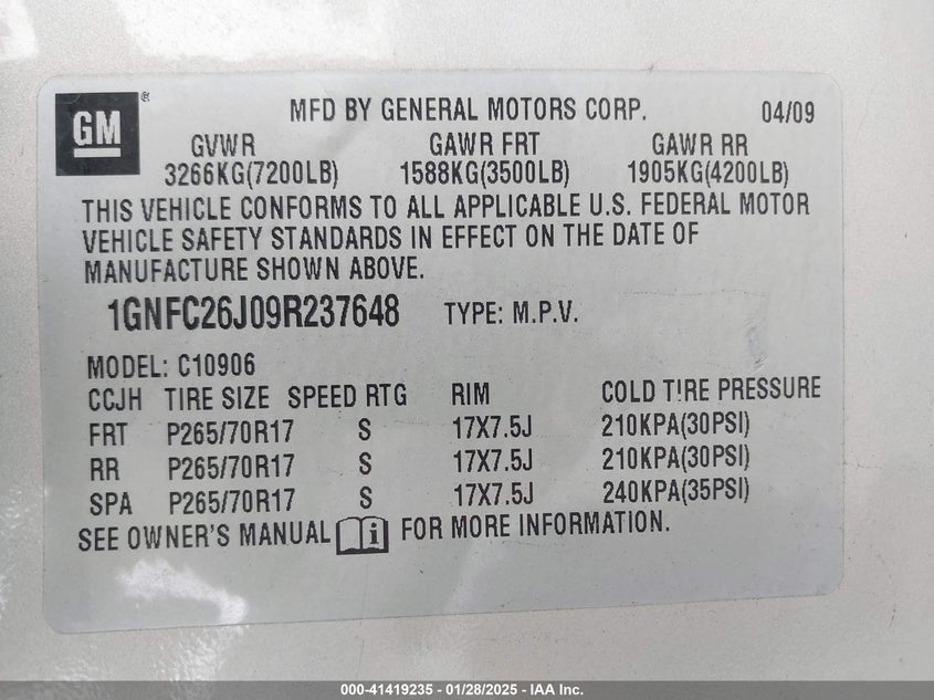 2009 CHEVROLET SUBURBAN 1500 VIN: 1GNFC26J09R237648