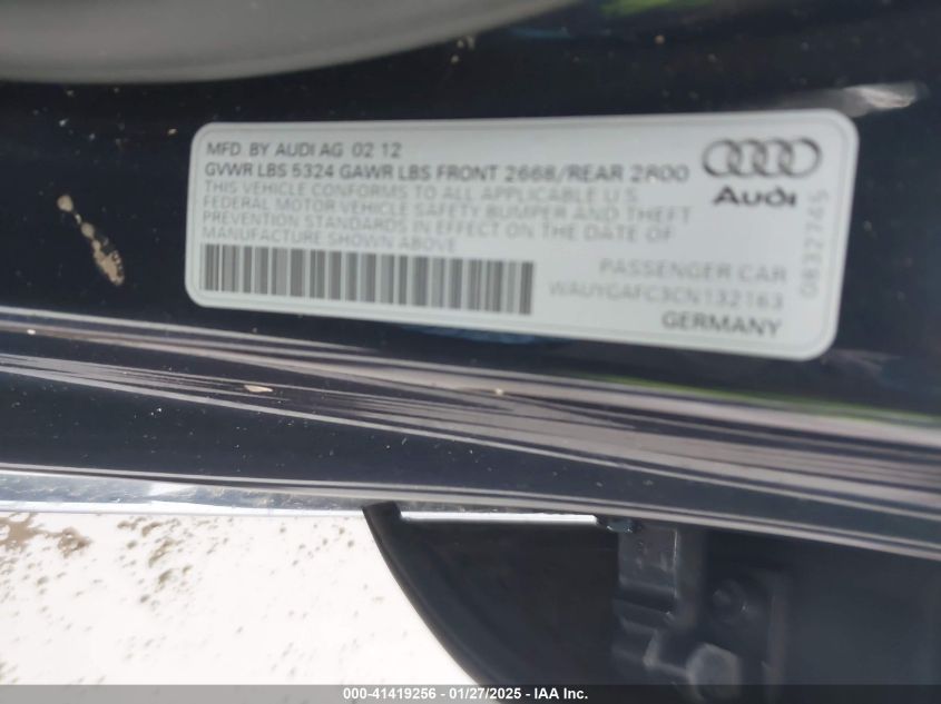 2012 Audi A7 Premium VIN: WAUYGAFC3CN132163 Lot: 41419256