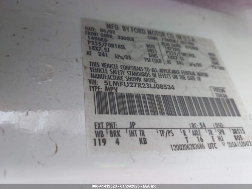 2003 Lincoln Navigator VIN: 5LMFU27R23L108534 Lot: 41419320