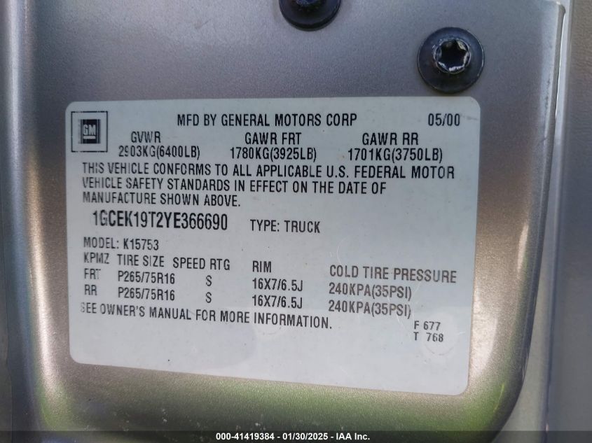 2000 Chevrolet Silverado 1500 Ls VIN: 1GCEK19T2YE366690 Lot: 41419384