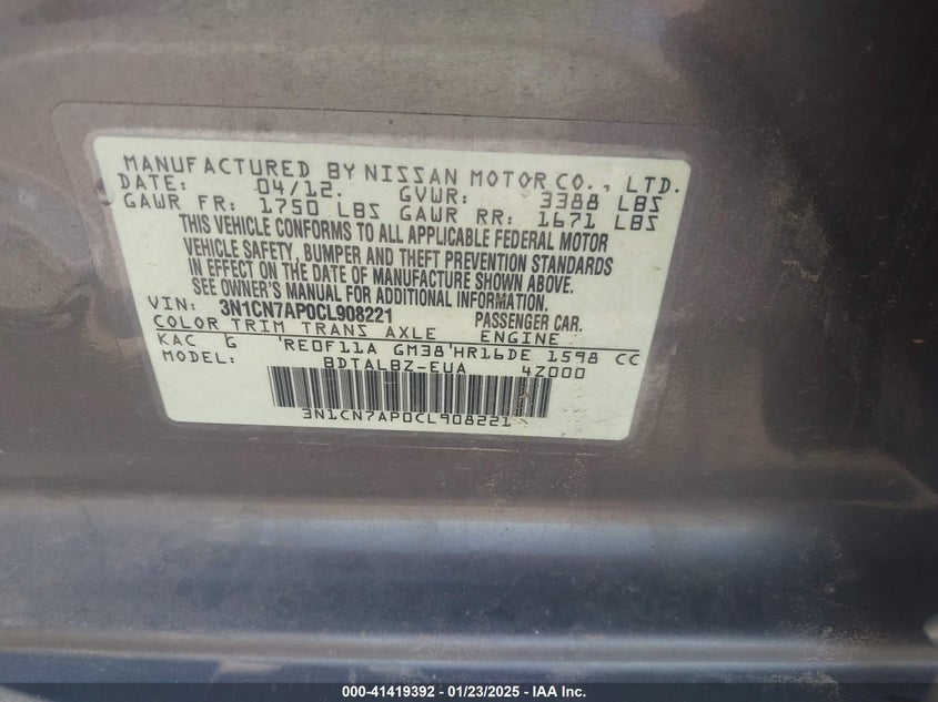 2012 NISSAN VERSA VIN: 3N1CN7AP0CL908221