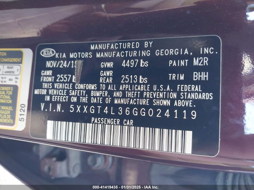 2016 Kia Optima Lx VIN: 5XXGT4L36GG024119 Lot: 41419435