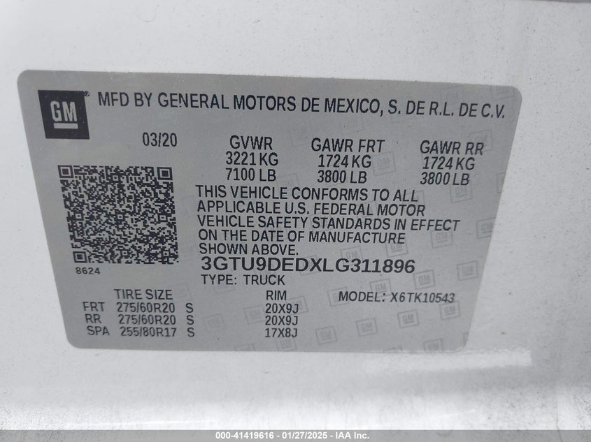 2020 GMC SIERRA VIN: 3GTU9DEDXLG311896