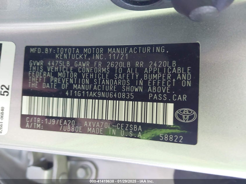 2022 TOYOTA CAMRY VIN: 4T1G11AK9NU640835