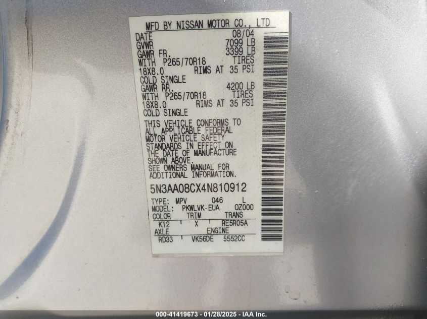 2004 Infiniti Qx56 VIN: 5N3AA08CX4N810912 Lot: 41419673