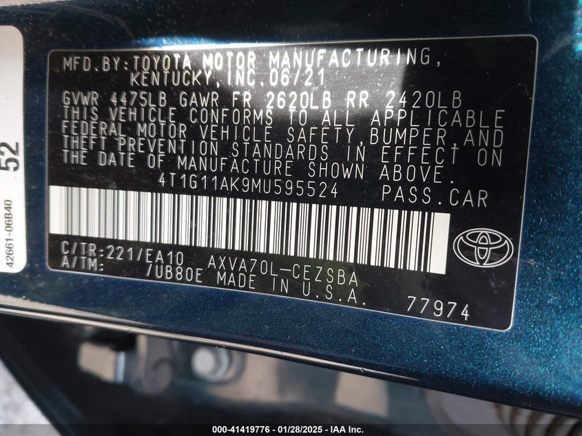 2021 TOYOTA CAMRY VIN: 4T1G11AK9MU595524