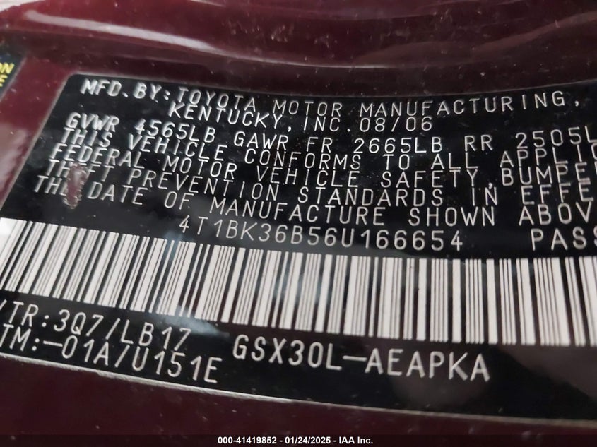 2006 TOYOTA AVALON VIN: 4T1BK36B56U166654