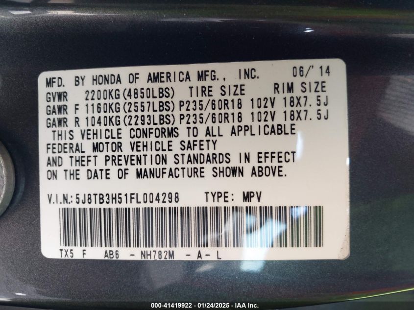 VIN 5J8TB3H51FL004298 2015 ACURA RDX no.9