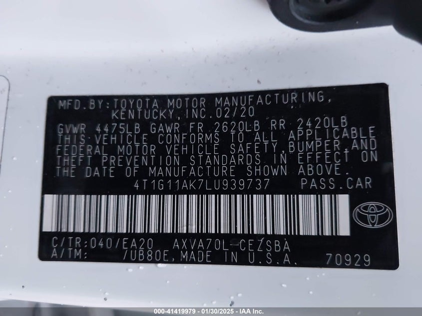 2020 TOYOTA CAMRY VIN: 4T1G11AK7LU939737