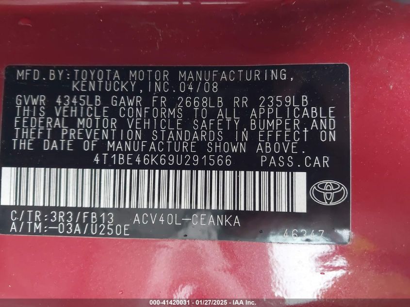 2009 Toyota Camry Le VIN: 4T1BE46K69U291566 Lot: 41420031