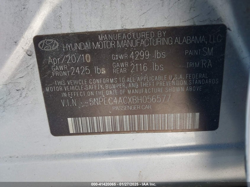 2011 HYUNDAI SONATA VIN: 5NPEC4ACXBH056577