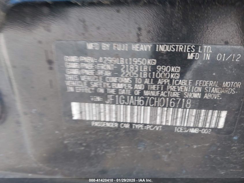 2012 Subaru Impreza 2.0I Limited VIN: JF1GJAH67CH016718 Lot: 41420410