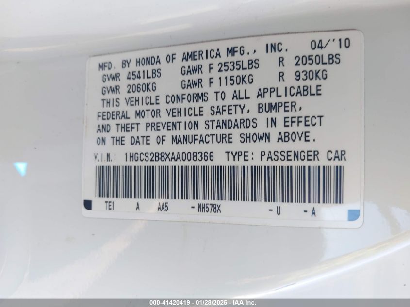 2010 Honda Accord 3.5 Ex-L VIN: 1HGCS2B8XAA008366 Lot: 41420419