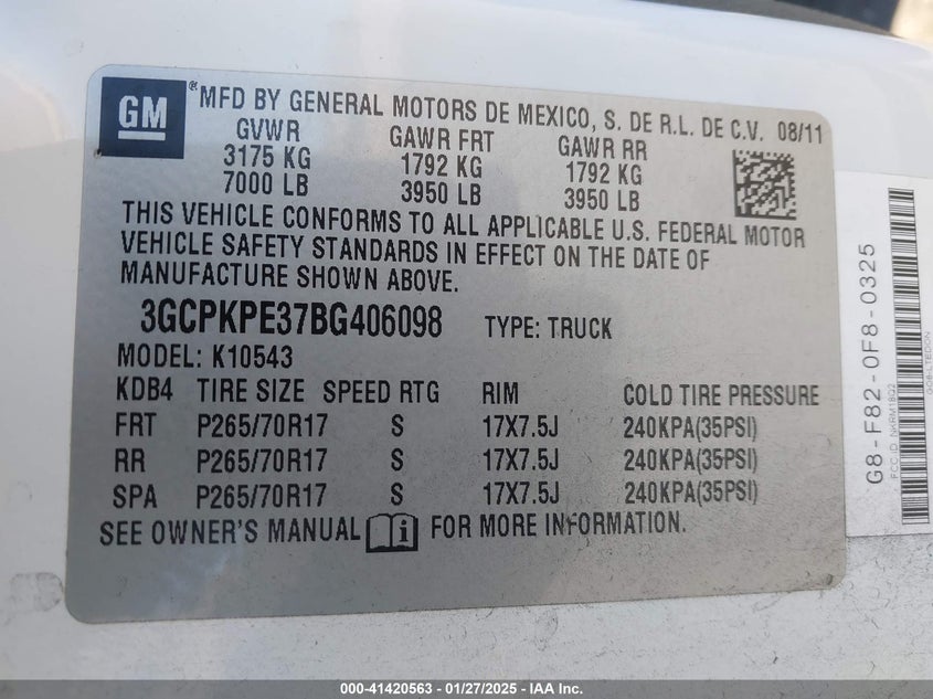2011 CHEVROLET SILVERADO 1500 VIN: 3GCPKPE37BG406098
