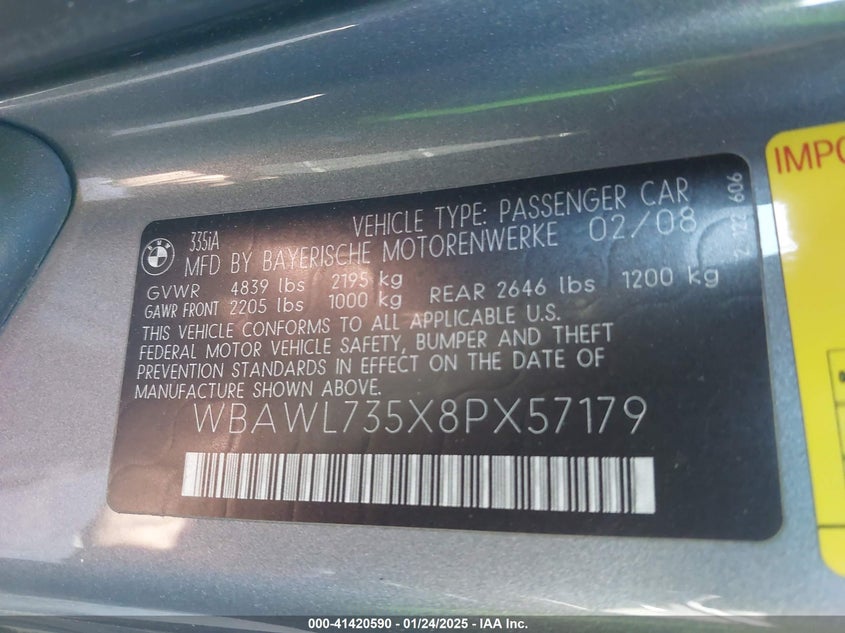 2008 BMW 335I VIN: WBAWL735X8PX57179