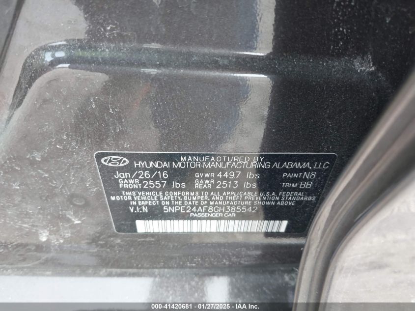 VIN 5NPE24AF8GH385542 2016 HYUNDAI SONATA no.9