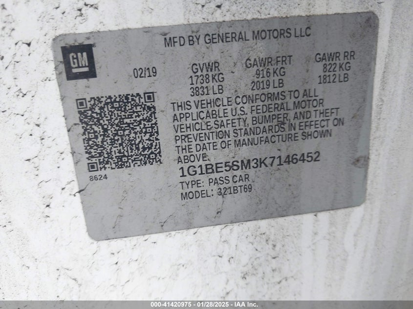 2019 CHEVROLET CRUZE VIN: 1G1BE5SM3K7146452
