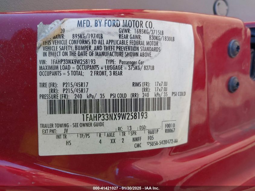 2009 Ford Focus Ses VIN: 1FAHP33NX9E258193 Lot: 41421027