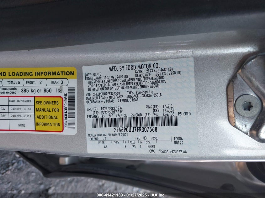 2015 FORD FUSION VIN: 3FA6P0UU7FR307568