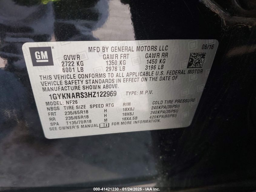 2017 Cadillac Xt5 Standard VIN: 1GYKNARS3HZ122969 Lot: 41421230