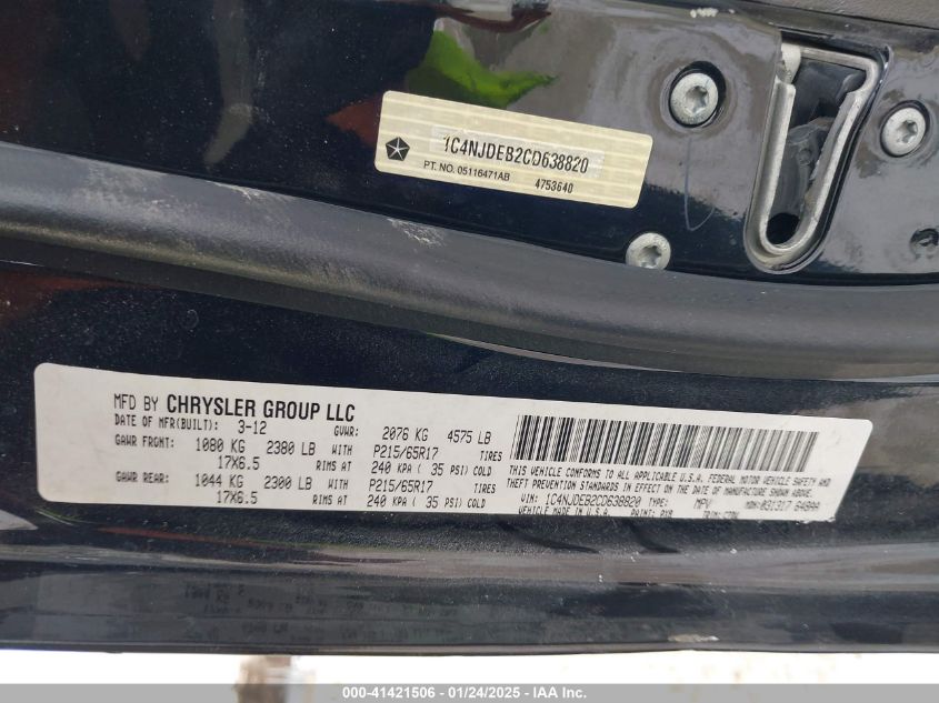 2012 Jeep Compass Latitude VIN: 1C4NJDEB2CD638820 Lot: 41421506