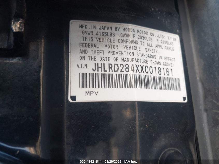 1999 Honda Cr-V Lx VIN: JHLRD284XXC018161 Lot: 41421514