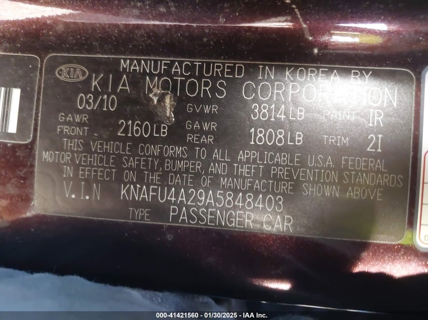 2010 Kia Forte Ex VIN: KNAFU4A29A5848403 Lot: 41421560