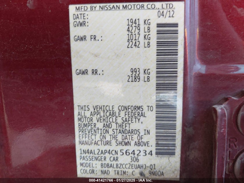 2012 NISSAN ALTIMA VIN: 1N4AL2AP4CN564234