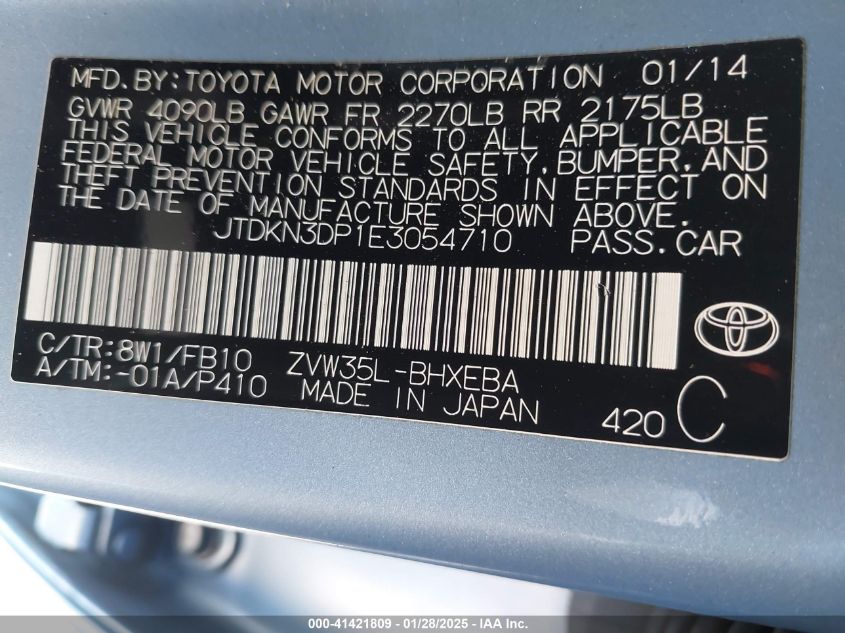2014 Toyota Prius Plug-In VIN: JTDKN3DP1E3054710 Lot: 41421809