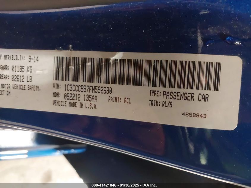 2015 Chrysler 200 S VIN: 1C3CCCBB7FN592680 Lot: 41421846