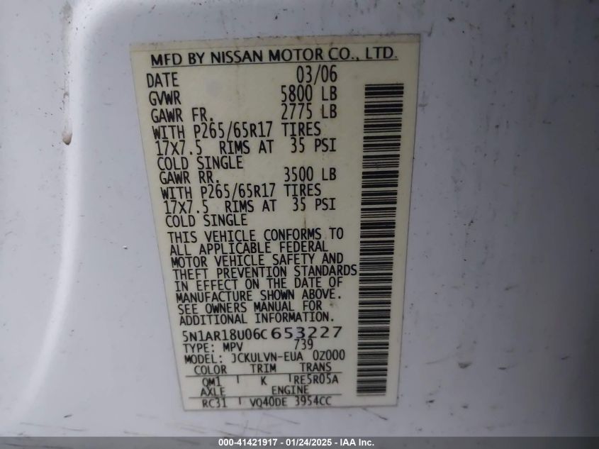 2006 Nissan Pathfinder Le/S/Se VIN: 5N1AR18U06CC65322 Lot: 41421917