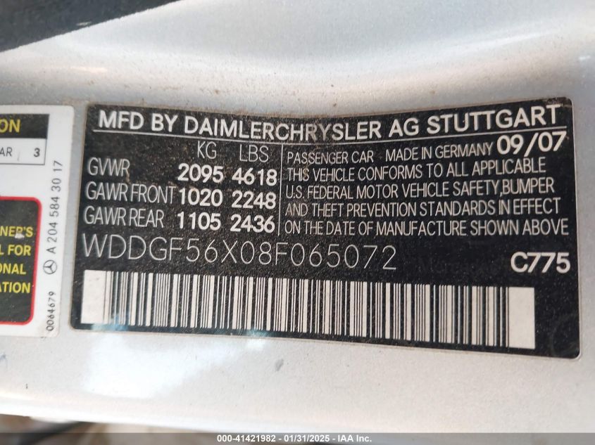 2008 Mercedes-Benz C 350 Sport VIN: WDDGF56X08F065072 Lot: 41421982
