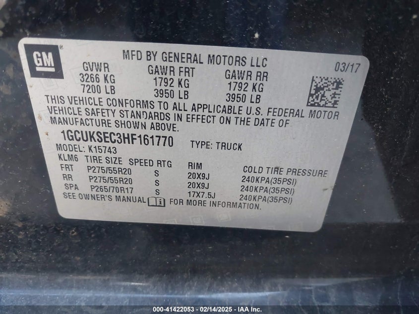 2017 CHEVROLET SILVERADO 1500 1LZ - 1GCUKSEC3HF161770