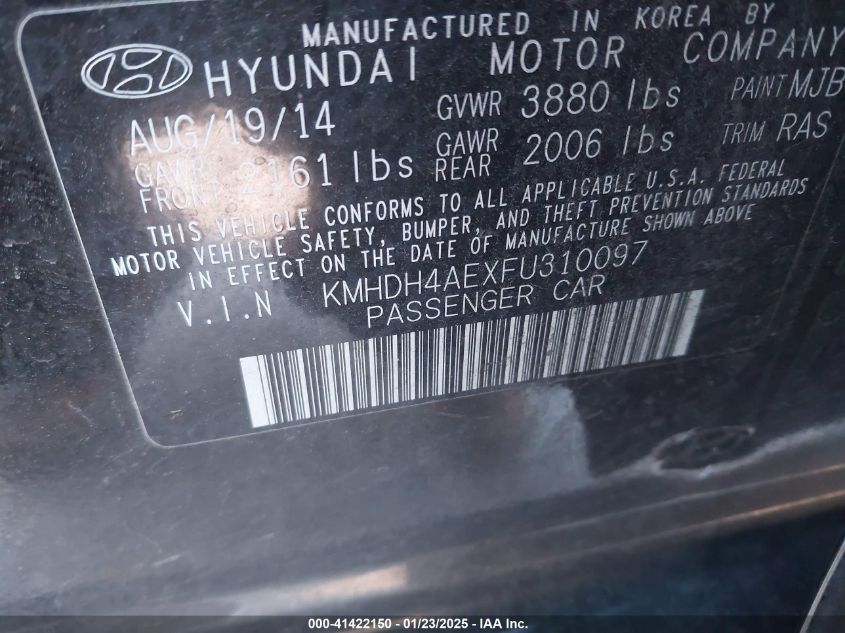 VIN KMHDH4AEXFU310097 2015 Hyundai Elantra, SE no.9