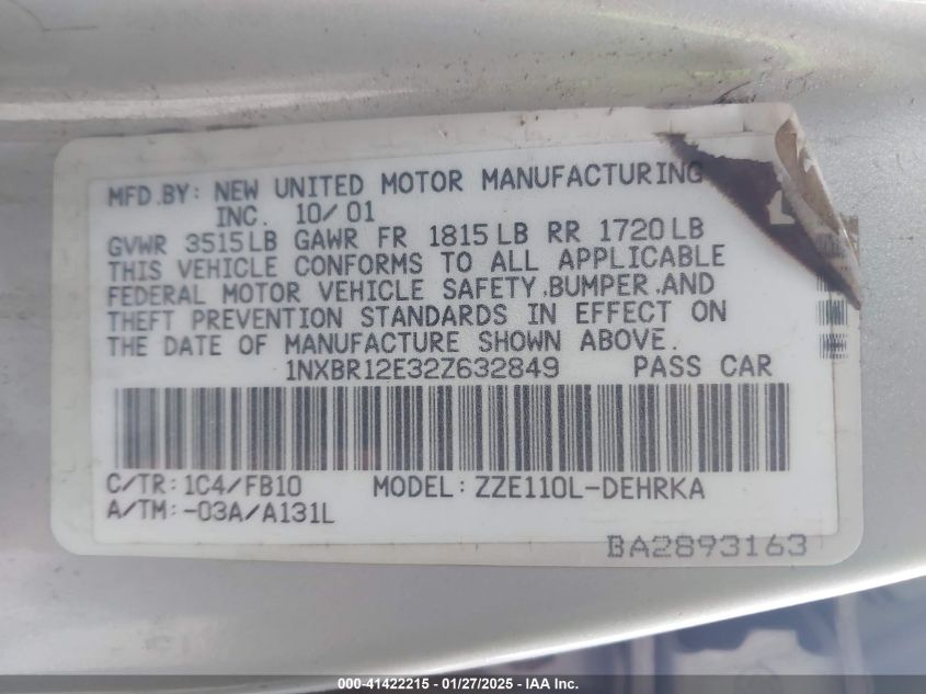 2002 Toyota Corolla Ce VIN: 1NXBR12E327632849 Lot: 41422215