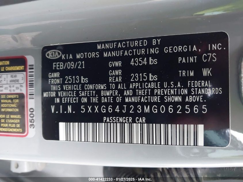 2021 Kia K5 Gt-Line VIN: 5XXG64J23MG062565 Lot: 41422233