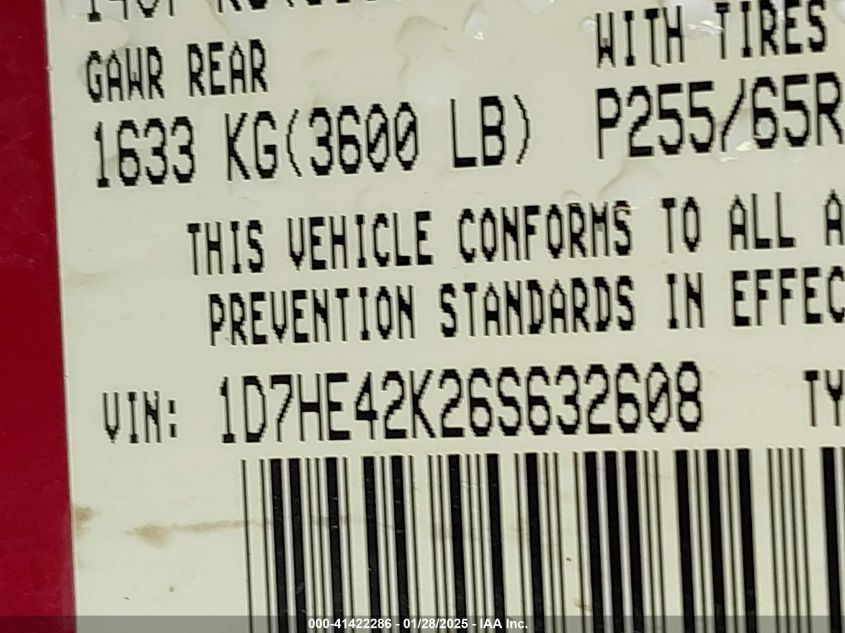 2006 Dodge Dakota Slt VIN: 1D7HE42K16F632608 Lot: 41422286