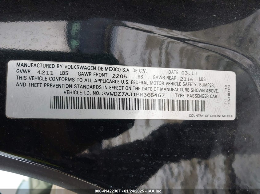 2011 VOLKSWAGEN JETTA VIN: 3VWDZ7AJ1BM365467