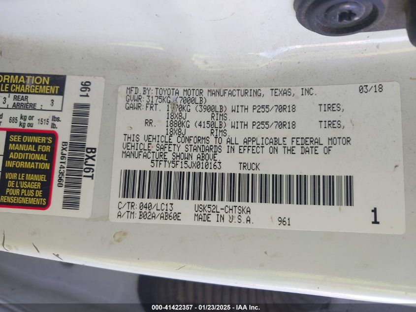 2018 Toyota Tundra Sr 5.7L V8 VIN: 5TFTY5F15JX010163 Lot: 41422357